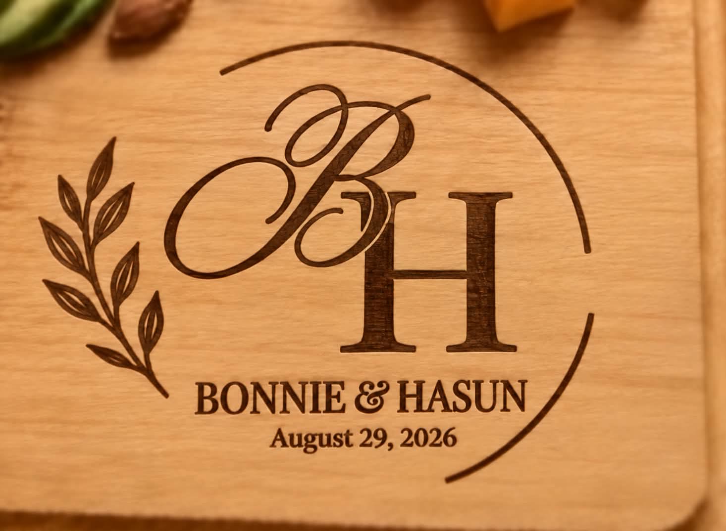 Wedding cutting board engraved with a BH monogram, Bonnie and Hasun, August 29, 2026