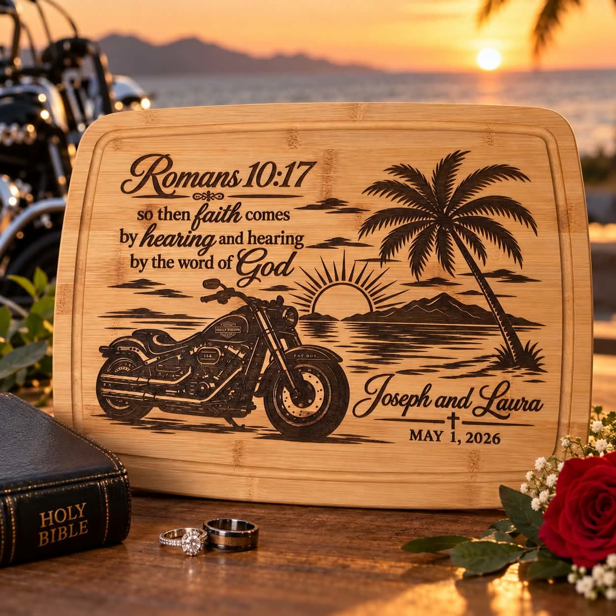 Board engraved with Romans 10:17, a motorcycle, and a palm tree sunset for Joseph and Laura