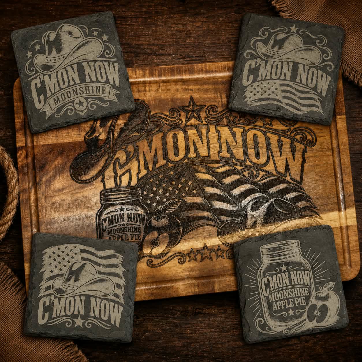 C'mon Now board with matching slate coasters in memory of Russ Wilson